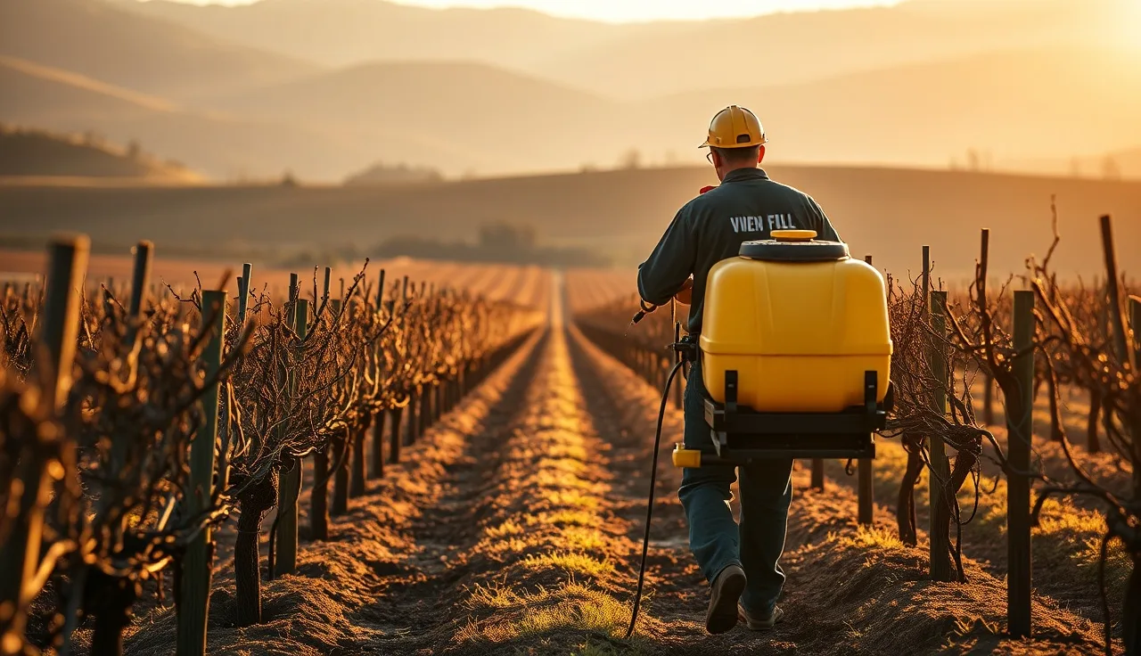 Airblast sprayer applying pesticides through dormant vineyard rows at dawn