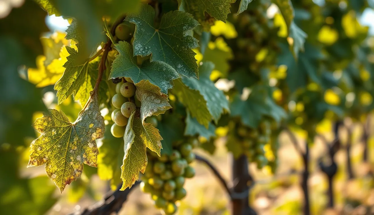 Grapevine leaves with visible powdery mildew disease symptoms in a vineyard row