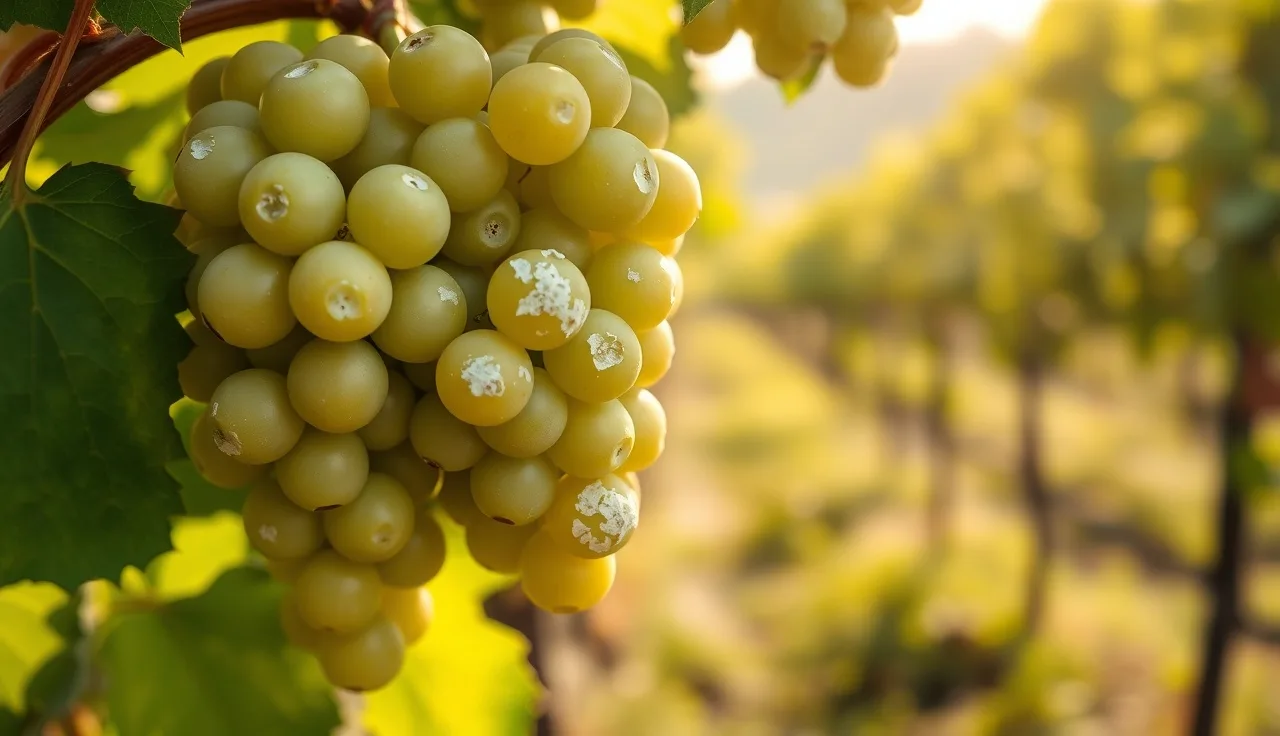 White powdery mildew coating young green grape berries on a vine
