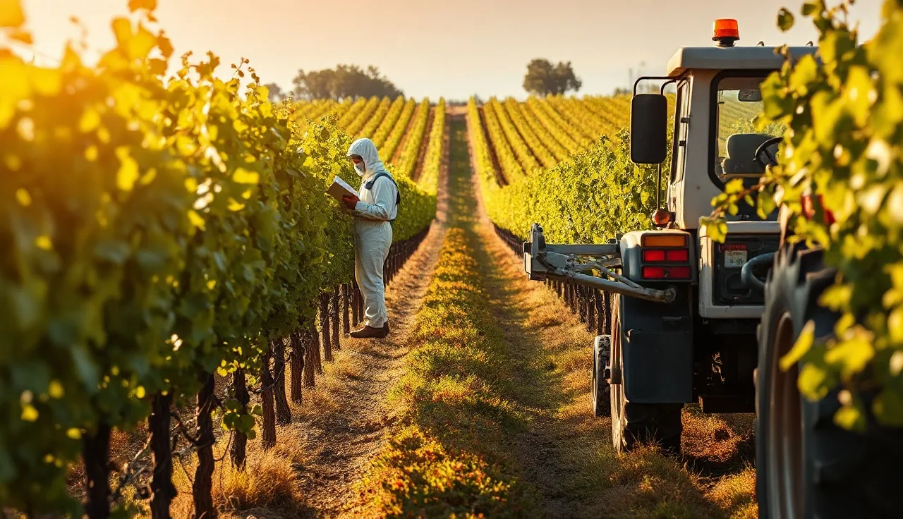 Spray rig parked between vineyard rows, worker reviewing field spray compliance notes