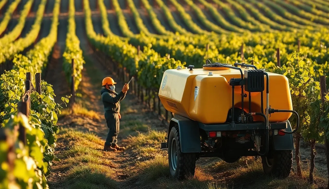 Vineyard worker adjusting airblast sprayer nozzles between green vine rows at dawn