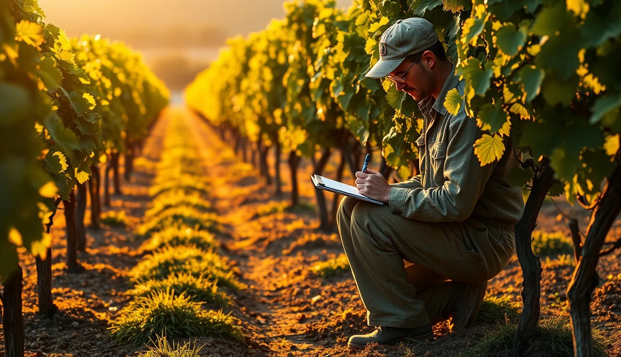 Vineyard worker completing a pesticide application record in the field between grapevine rows
