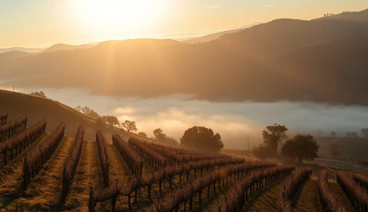 Dormant vineyard rows on a hillside with fog settling in the valley below