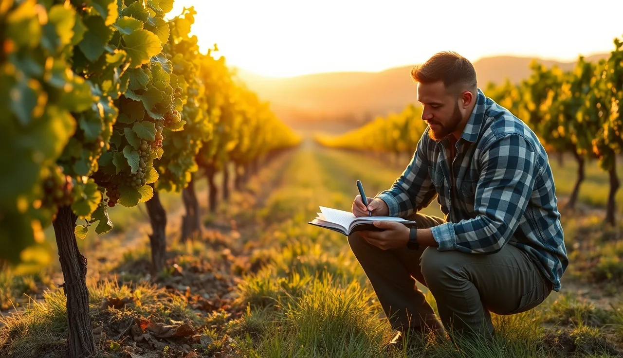 Vineyard manager recording spray notes in a field logbook between grapevine rows