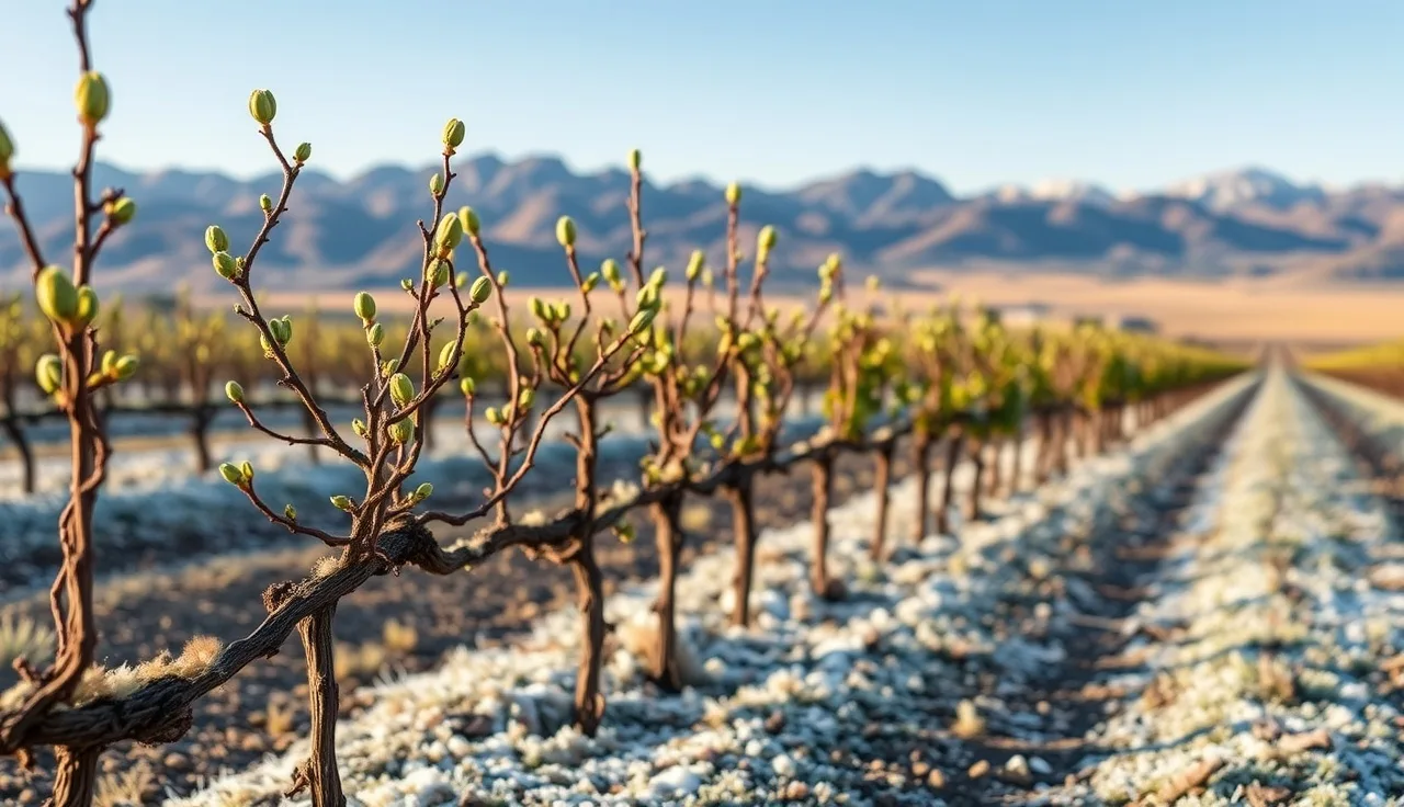 Grapevine row at bud break in northern Nevada high desert at dawn with frost on ground