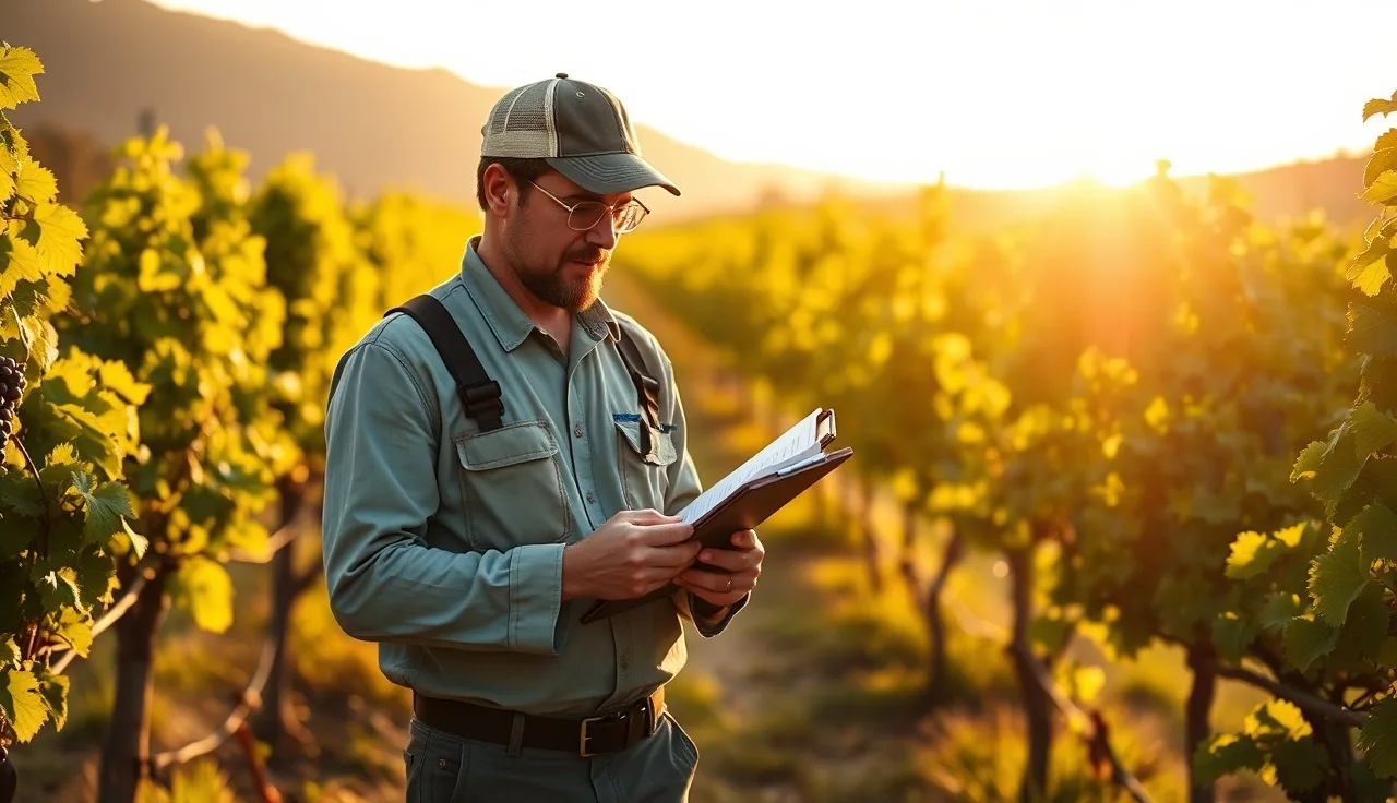 Vineyard manager recording spray data on clipboard among green grapevine rows
