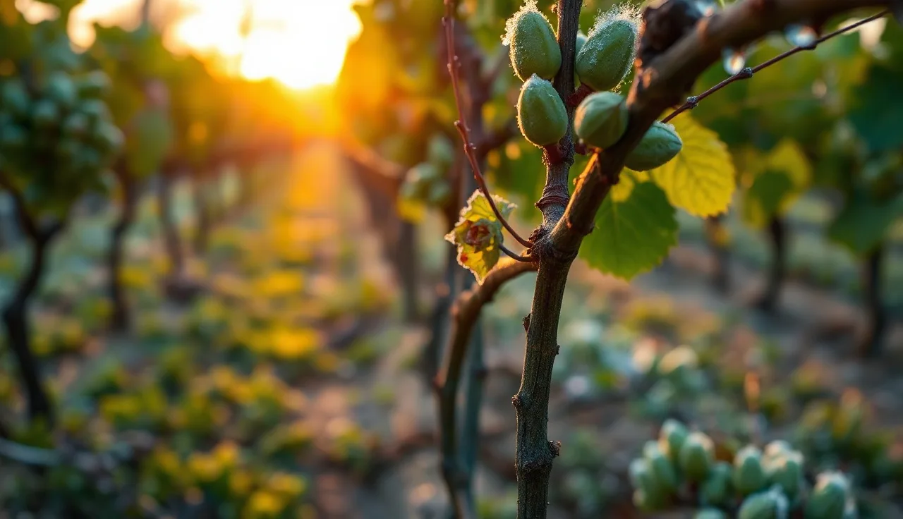 Early spring grape bud break on zone 5 vineyard canes with frost melting at sunrise