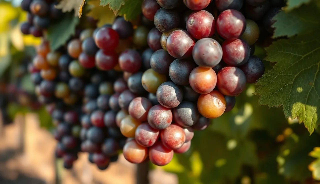 Cabernet Sauvignon cluster mid-veraison with green and purple berries in a vineyard row