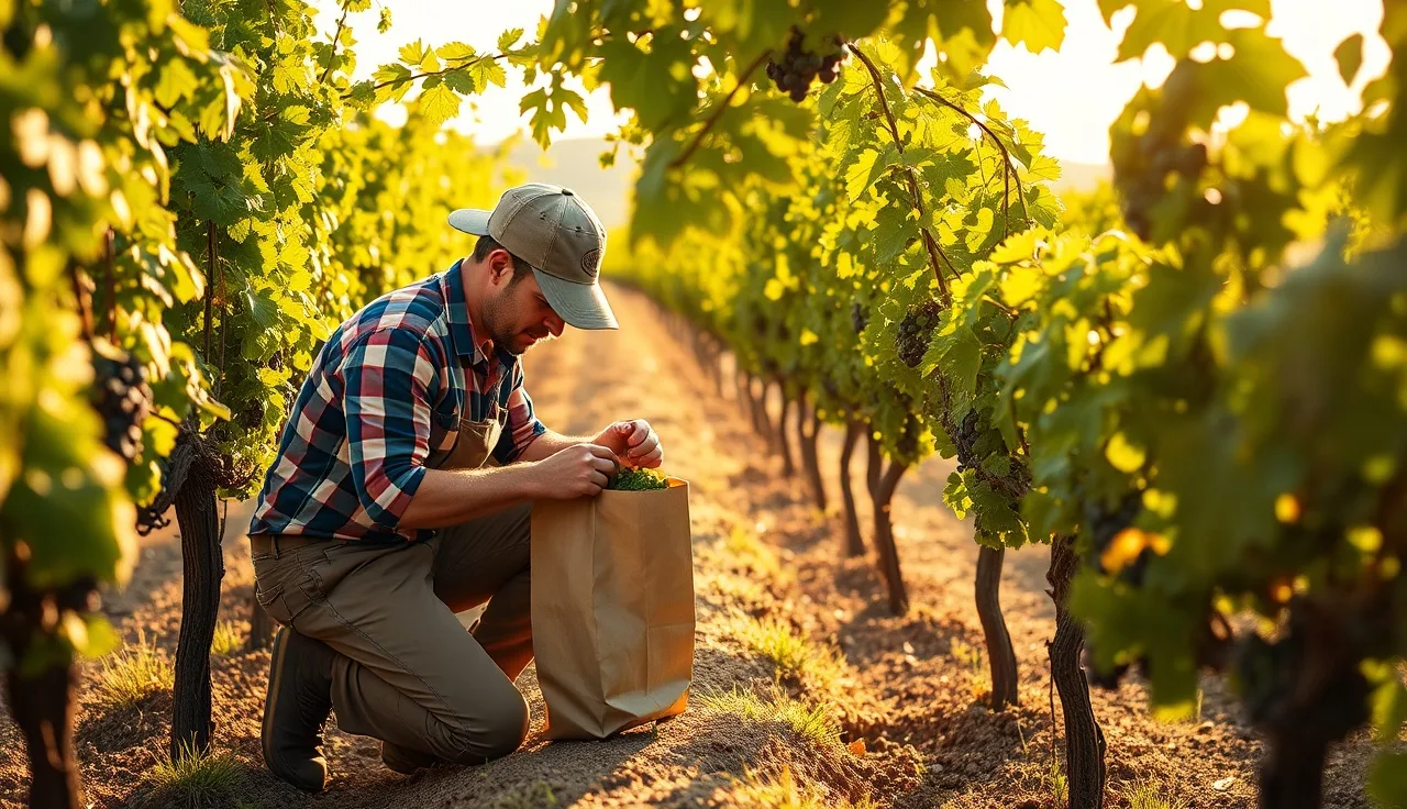 Vineyard worker collecting petiole samples at bloom in a California wine grape block