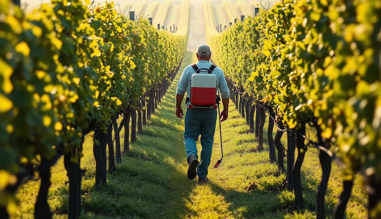 Vineyard worker with backpack sprayer walking rows of grapevines at budbreak, early morning