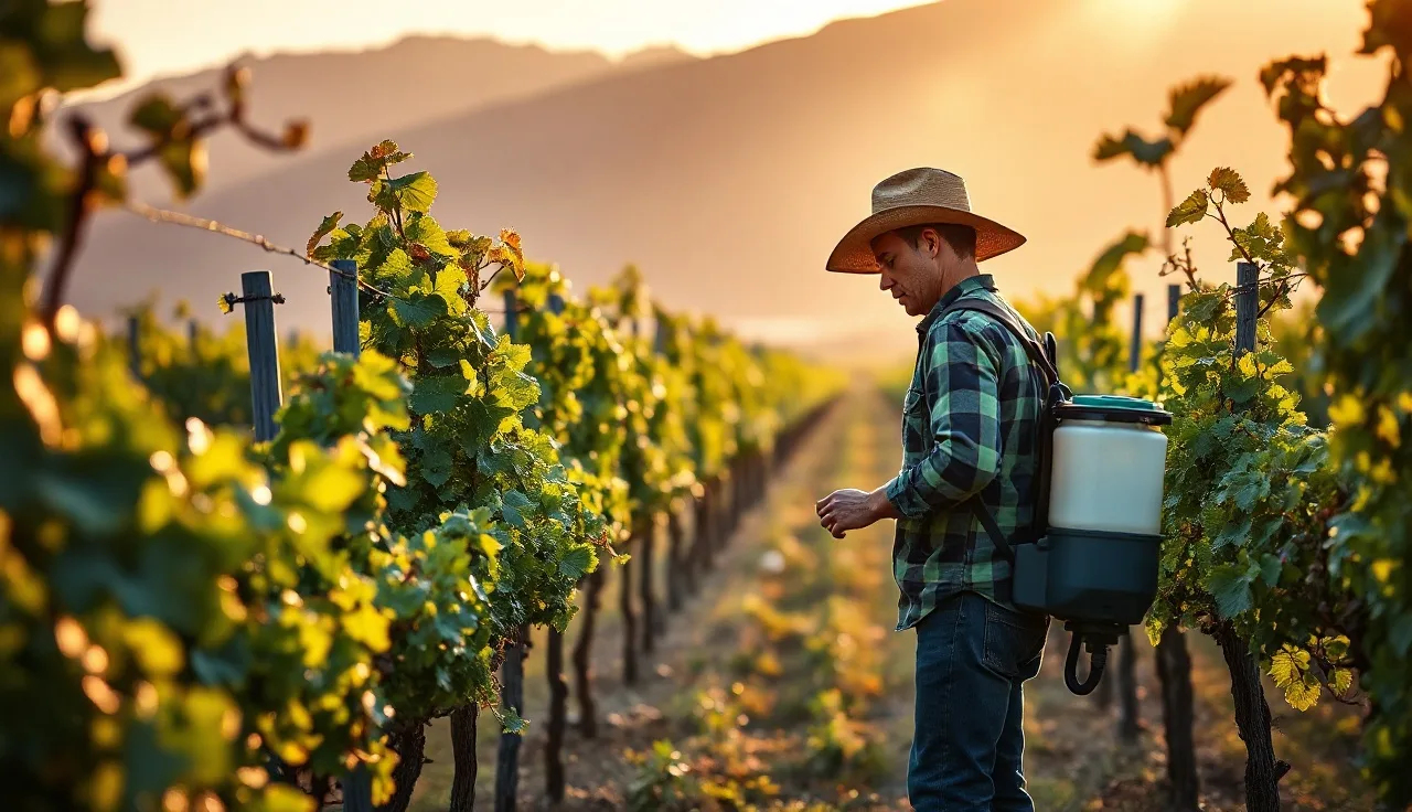 Vineyard worker with sprayer moving through grapevine rows at dawn
