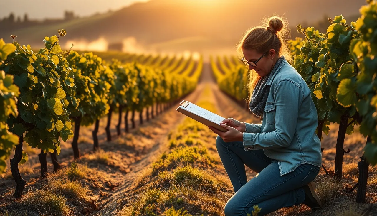 Vineyard manager reviewing harvest revenue records in a wine grape vineyard at sunrise