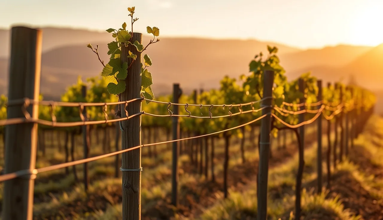 Wine grape vines trained on wooden trellis posts and catch wires at sunset