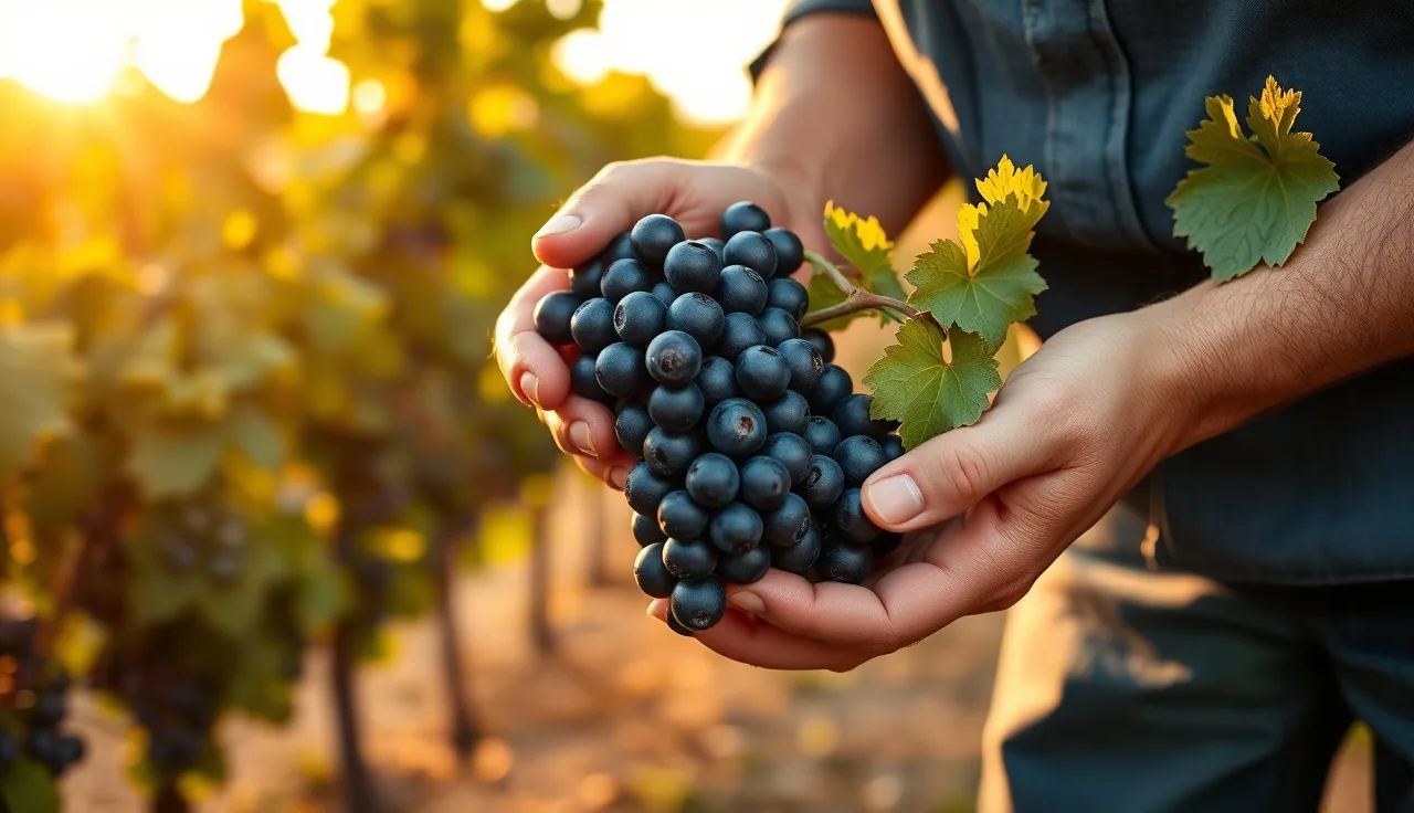 Vineyard worker holding a cluster of red wine grapes in a California vineyard at harvest