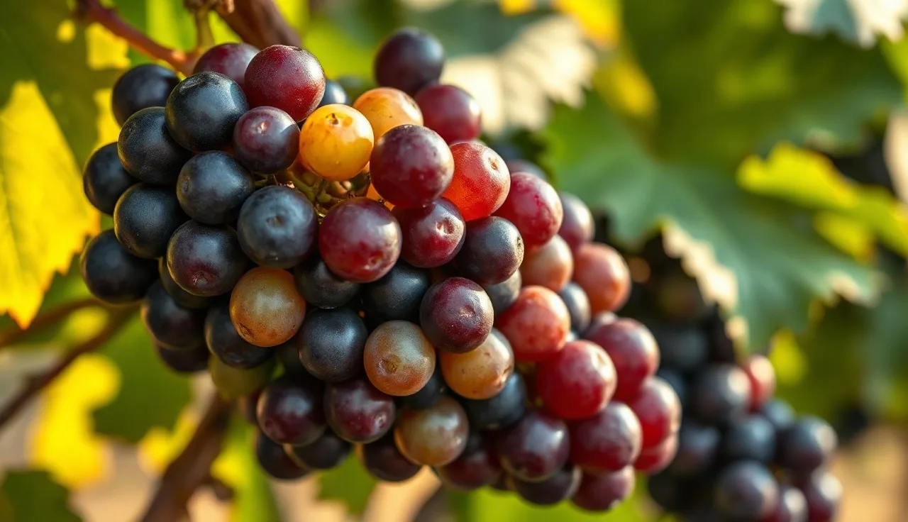 Wine grape cluster showing color change during veraison with mixed red and green berries