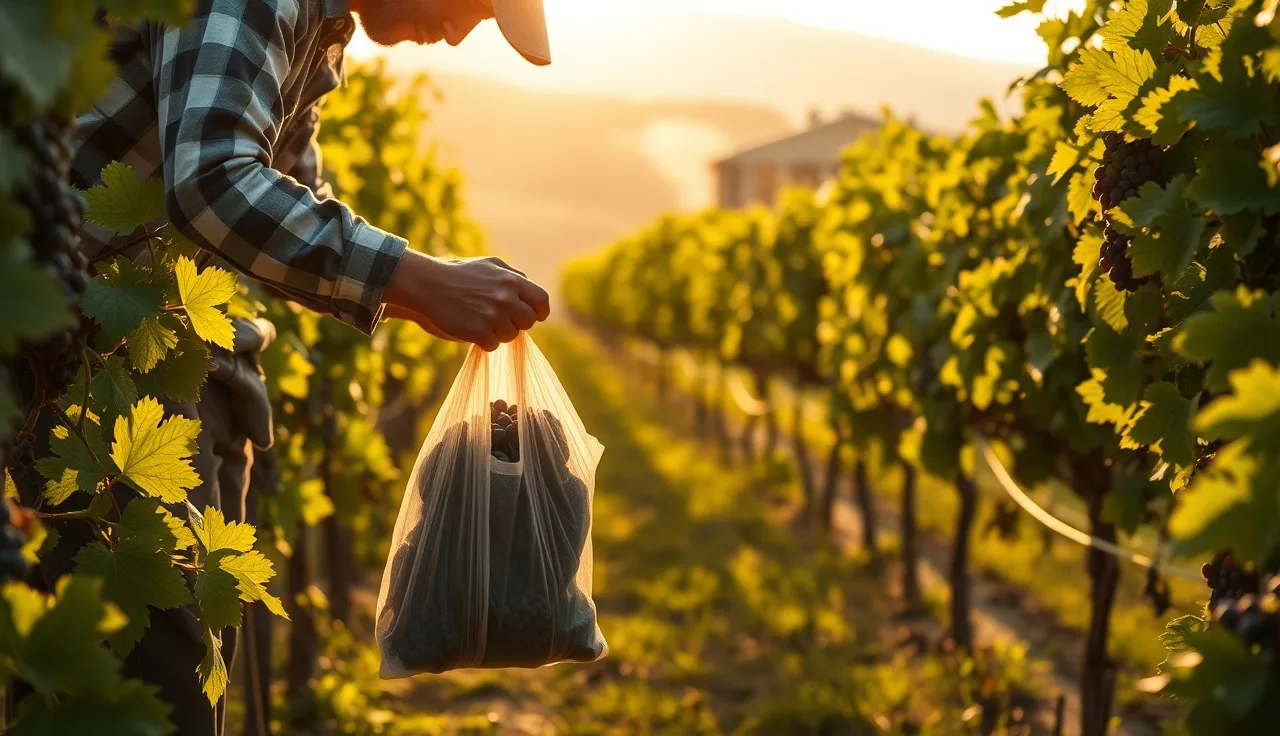 Vineyard worker collecting a grape sample for residue testing at harvest intake
