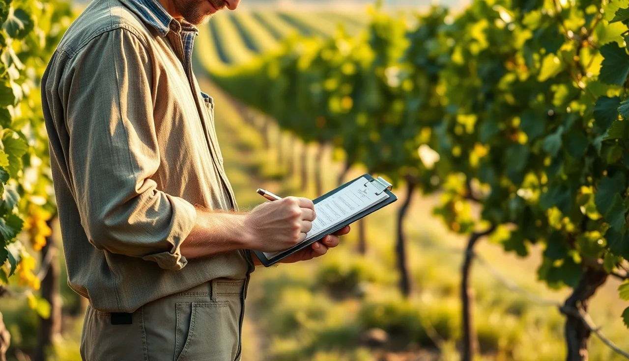 Vineyard worker reviewing spray compliance field notes among mature grapevine rows