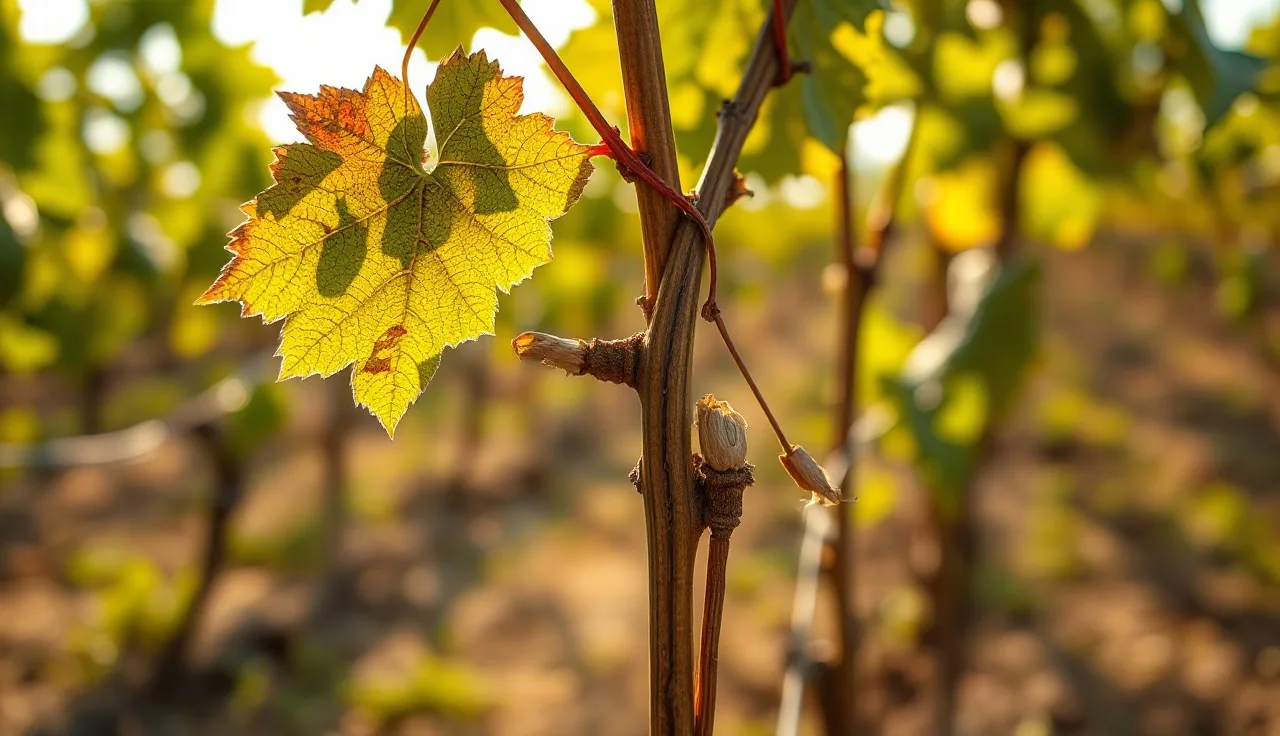 Grapevine cane with Pierce's disease leaf scorch and retained petioles in late summer