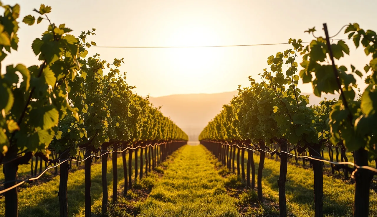 Grapevines trained on a Y trellis system with two open canopy arms in a vineyard row