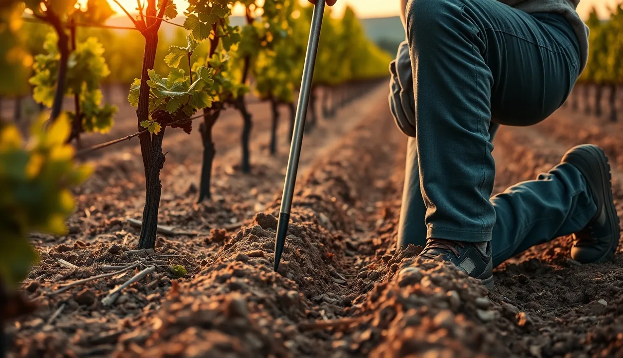 Vineyard worker applying bait into a gopher burrow between vine rows at dusk