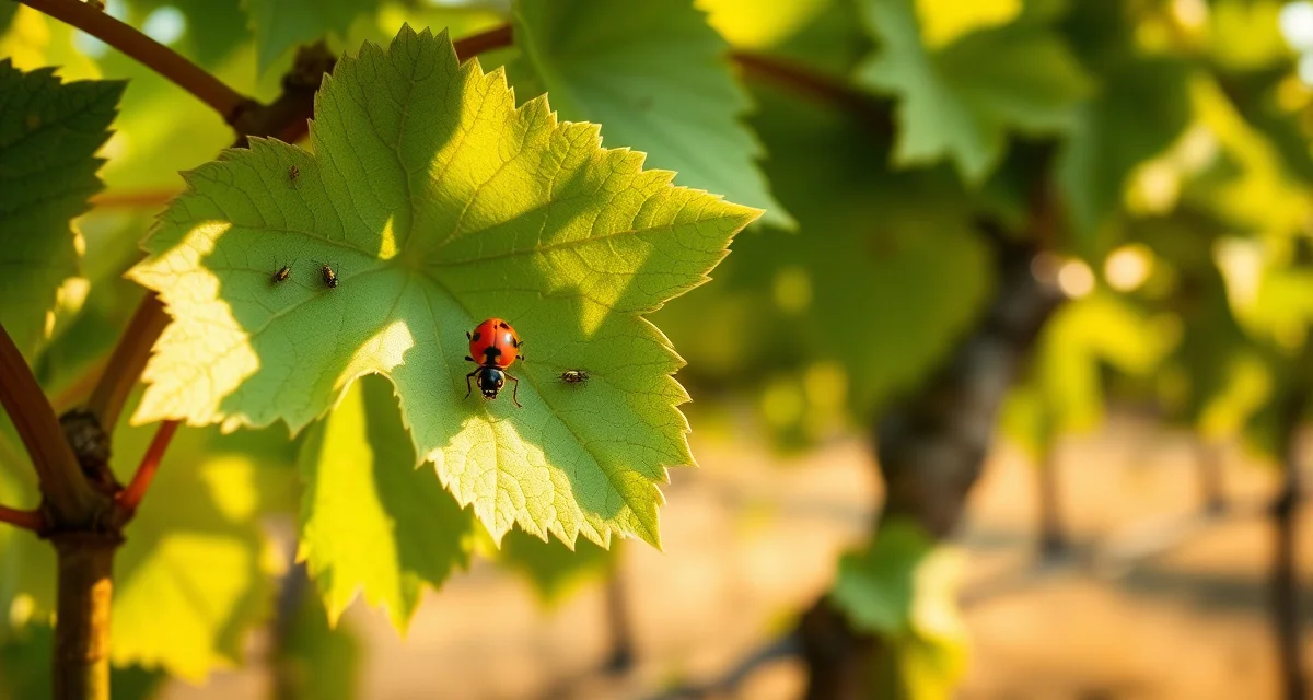 Natural pest management with beneficial insects Beneficial insect on grapevine leaf demonstrating biological control methods used in vineyard IPM programs