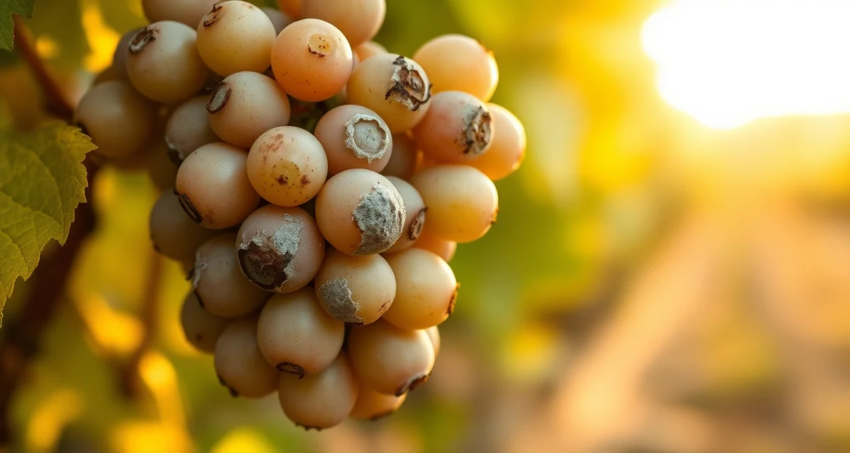 Early botrytis infection visible on grapevine cluster Close-up view of botrytis bunch rot infection on grape cluster showing gray mold development on berries during early disease stages in vineyard