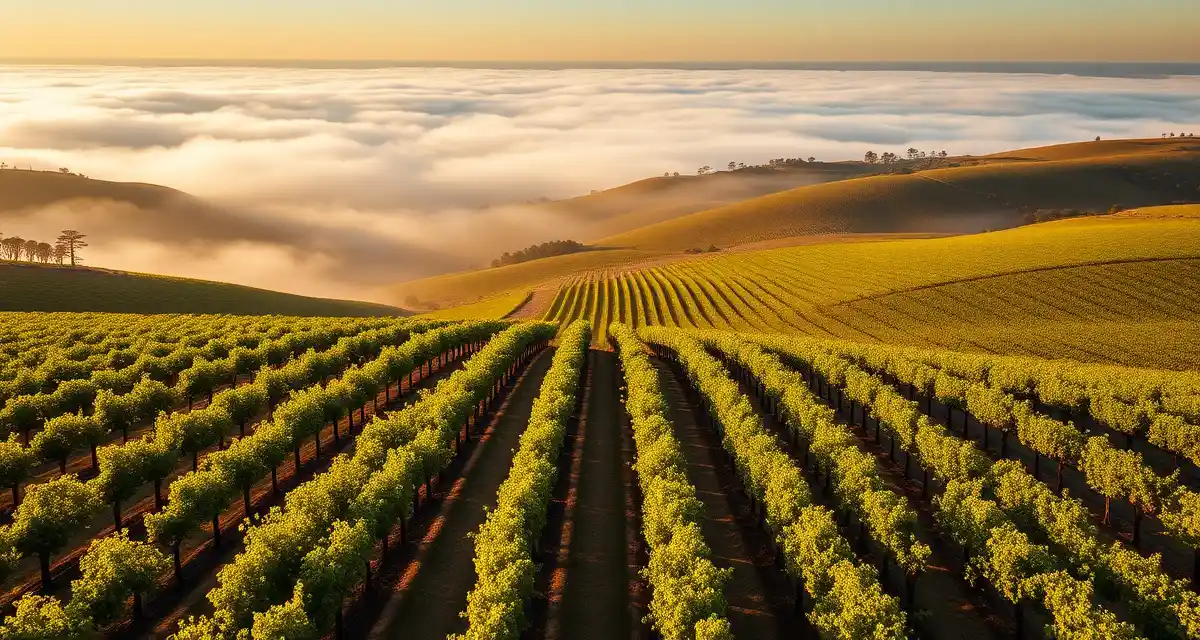 Marine layer effects on Central Coast vineyards Central Coast California vineyard with Pacific marine layer fog covering rolling hills and grapevine rows during morning hours