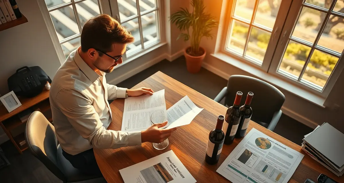 Custom crush compliance documentation and audit risk management Vineyard manager reviewing custom crush compliance and audit documentation at desk with wine harvest records and bottles