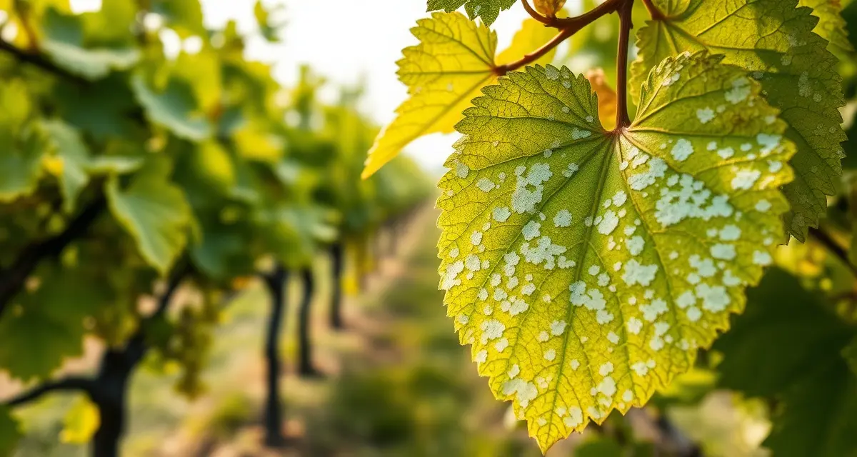 Downy mildew infection on Chardonnay leaves Chardonnay grapevine leaves showing downy mildew symptoms in Finger Lakes vineyard during humid spring season