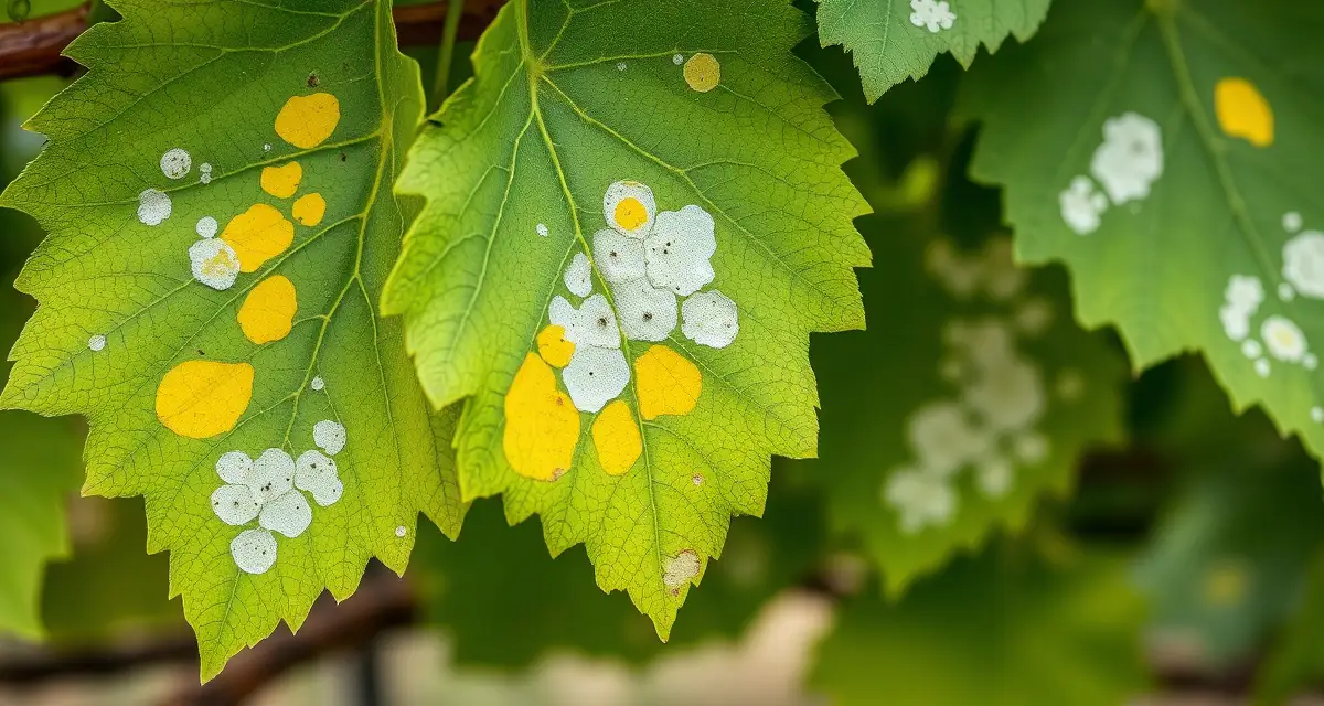 Downy mildew infection symptoms on grapevines Downy mildew symptoms visible on grape vine leaves with characteristic yellow upper surface lesions and white fungal sporulation on leaf undersides in vineyard setting
