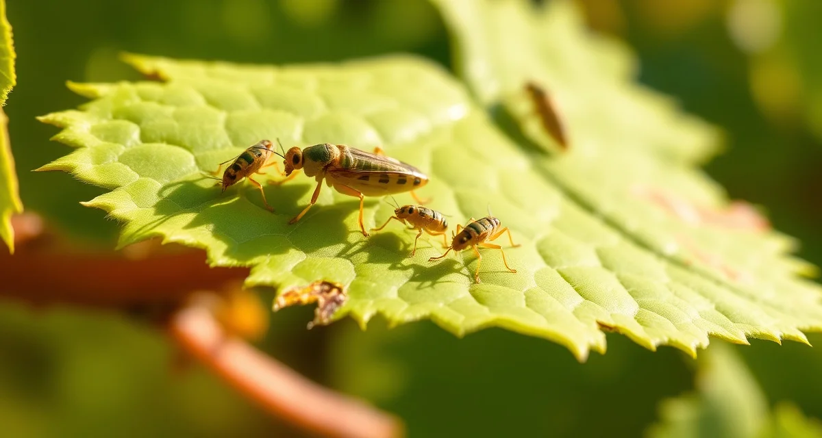 Leafhopper pest identification in vineyard canopy Close-up of grape leafhopper nymphs on vineyard leaf showing pest damage patterns for IPM scouting and economic threshold assessment.