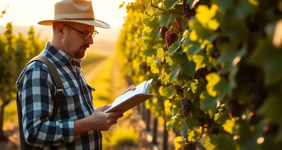 Documented IPM scouting in vineyard Vineyard IPM scout documenting pest pressure and scouting records on grapevines for integrated pest management program compliance