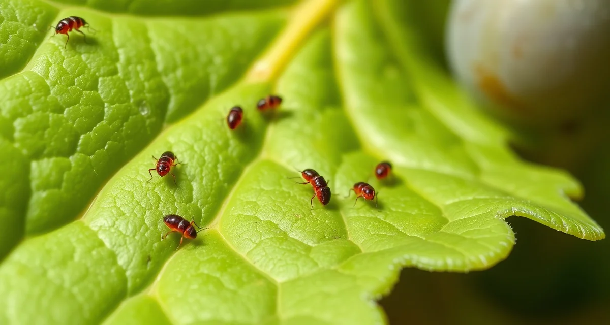 Mealybug crawler emergence stage identification Grape mealybug crawlers on grapevine leaf during emergence period, critical timing window for vineyard spray applications