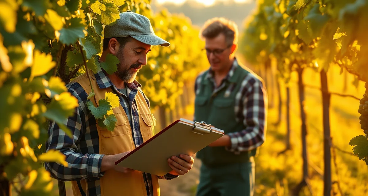 NY vineyard compliance documentation management Vineyard manager reviewing New York DEC pesticide spray records documentation in Finger Lakes vineyard with grapevines visible