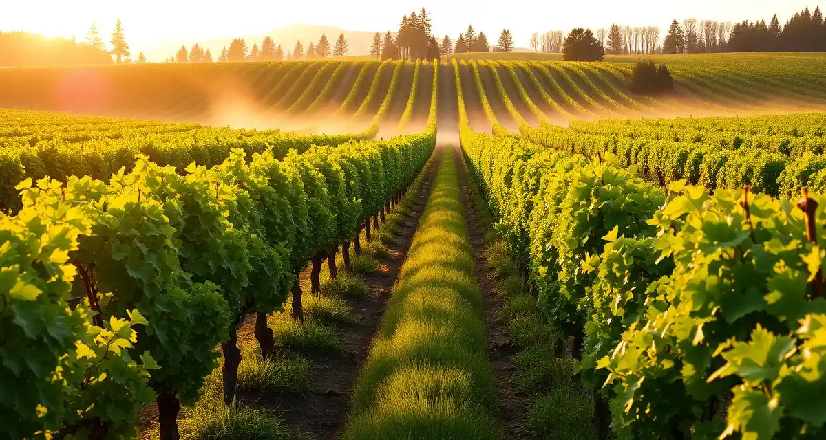Premium Oregon Pinot Noir vineyard in Willamette Valley Lush Willamette Valley Oregon vineyard with Pinot Noir grapevines showing sustainable vineyard management practices