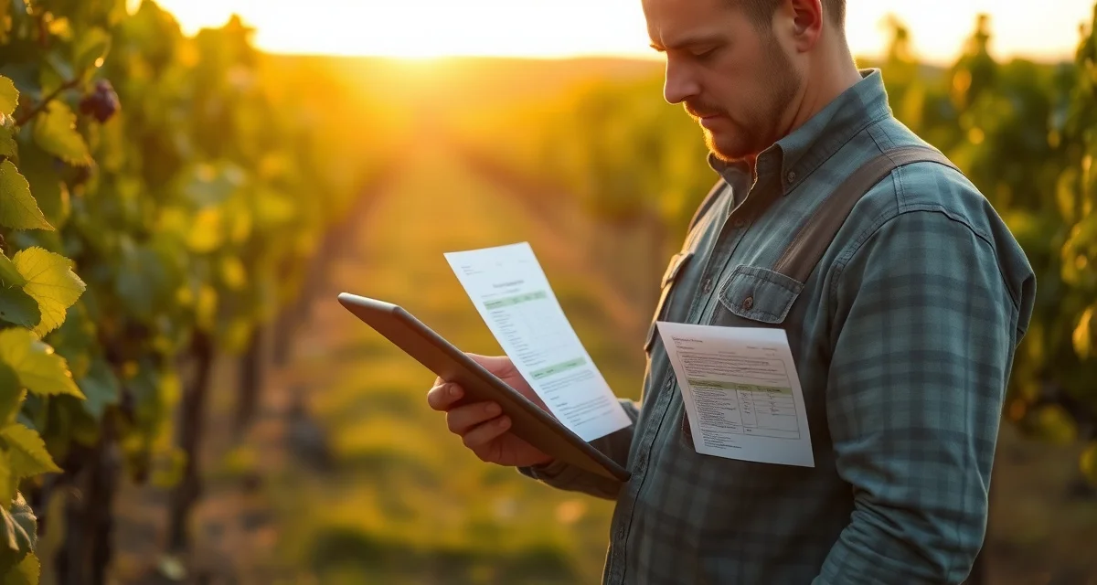 Organic certification compliance records management Vineyard manager reviewing organic spray records documentation for certification compliance on tablet in organic vineyard