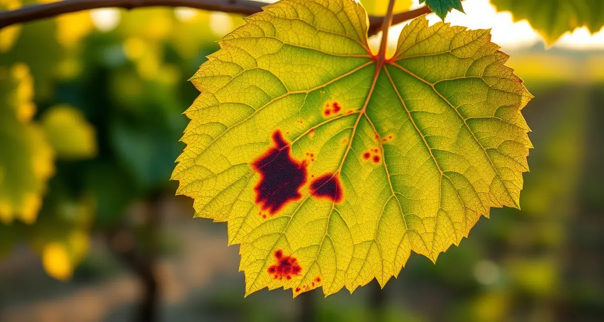 Pierce's disease leaf scorch symptoms Grapevine leaf displaying Pierce's disease symptoms with characteristic scorching and discoloration patterns in vineyard management