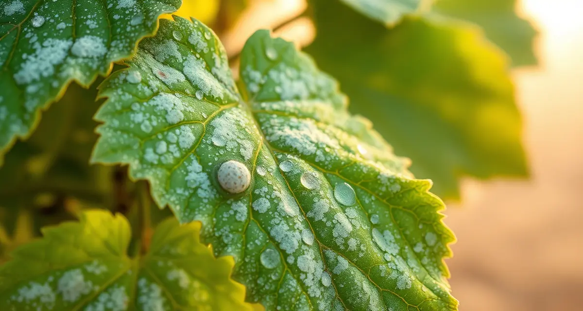 Coastal fog conditions increase powdery mildew risk Powdery mildew infection on Chardonnay grape leaves with morning fog and humidity droplets in Sonoma vineyard