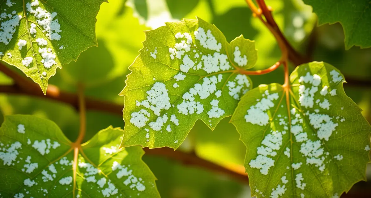 Powdery Mildew Disease on Grape Vines Close-up view of powdery mildew fungal infection on grape vine leaves showing white powdery coating affecting vineyard disease management