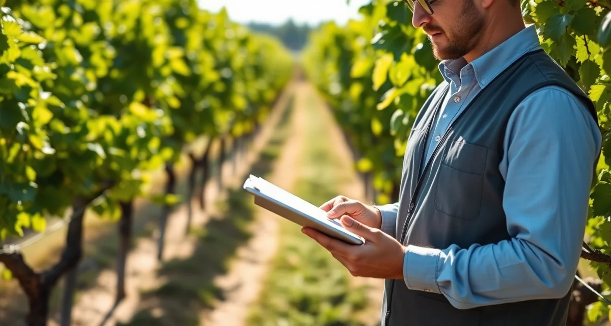 REI Compliance Documentation in Vineyard Management Vineyard manager documenting REI compliance records in a treated vine block during restricted entry interval period