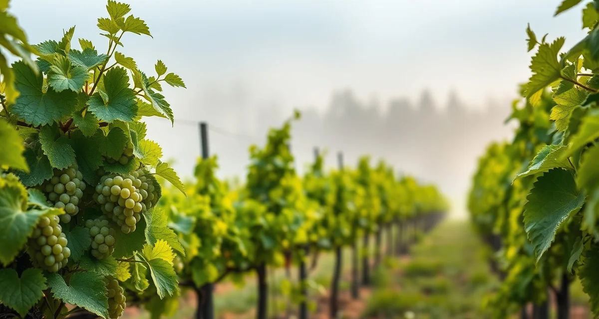 Cold-climate Riesling vineyard management Riesling grapevines in a cold-climate vineyard showing healthy foliage and grape clusters during the growing season with humid morning conditions