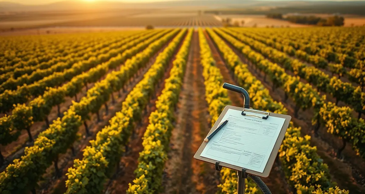 TDA Compliance Documentation for Texas Vineyards Texas vineyard spray records documentation with grapevines and compliance clipboard for TDA pesticide requirements