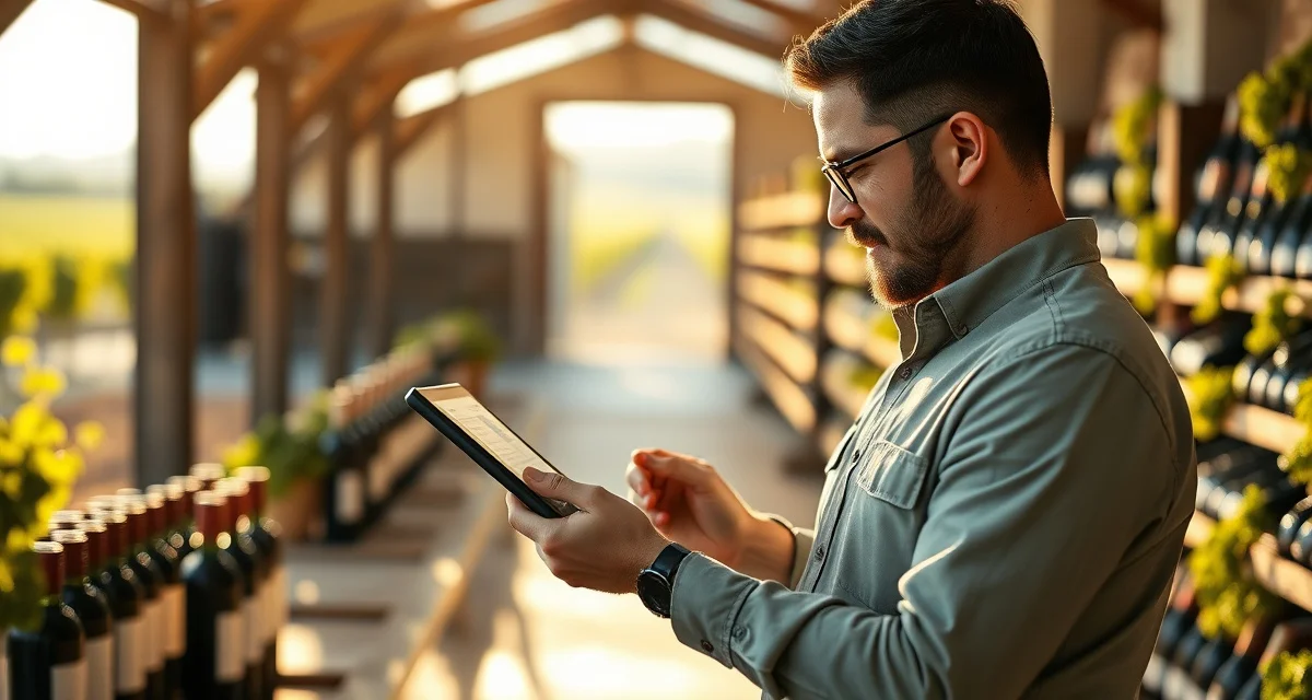 Digital spray history documentation for vineyard compliance Vineyard manager reviewing block-level spray history report data on tablet showing pesticide application records and dates by vineyard location.