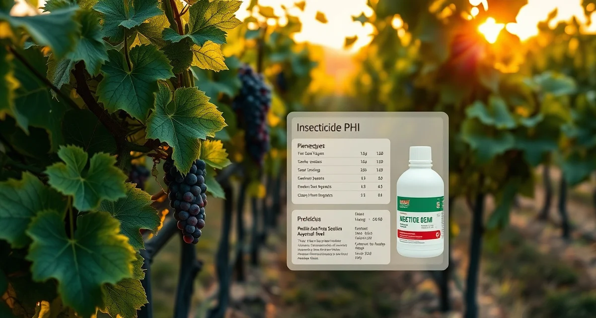 PHI Insecticide Reference for Vineyards Vineyard rows with insecticide PHI reference data overlay showing common vineyard insecticide products and pre-harvest intervals.