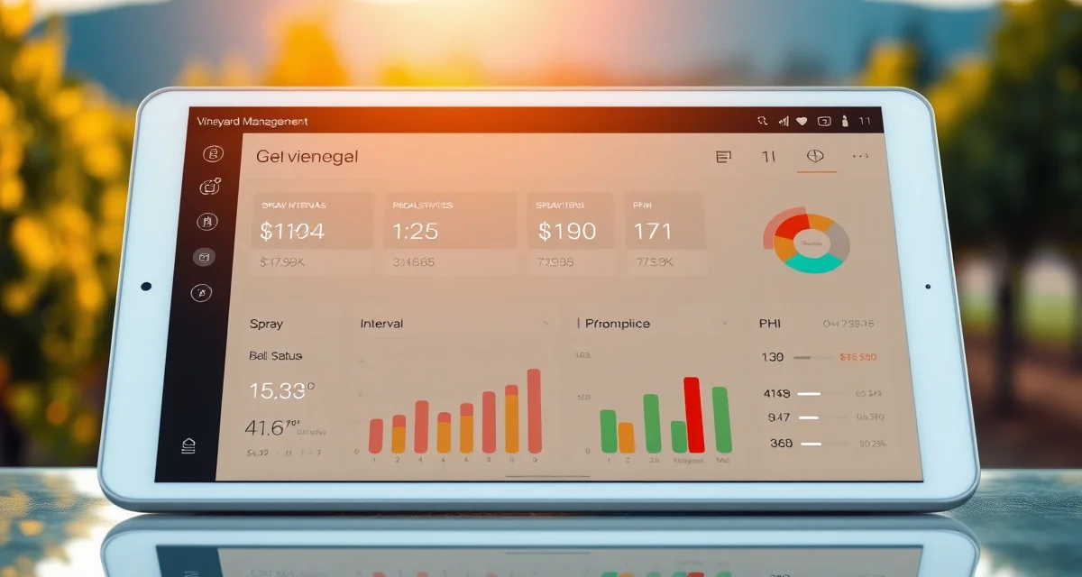 Real-time vineyard IPM monitoring dashboard interface Vineyard IPM data dashboard displaying real-time REI status, spray intervals, and PHI compliance metrics for integrated pest management