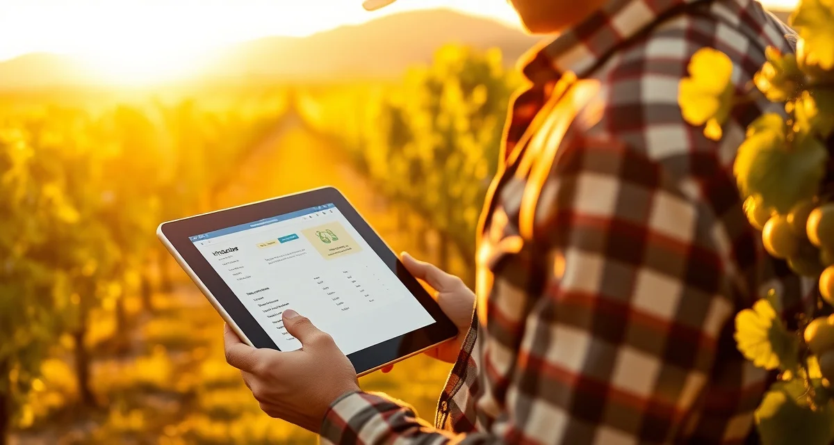 IPM software free trial in action at working vineyard Vineyard manager reviewing integrated pest management software data on tablet during free trial in working vineyard environment