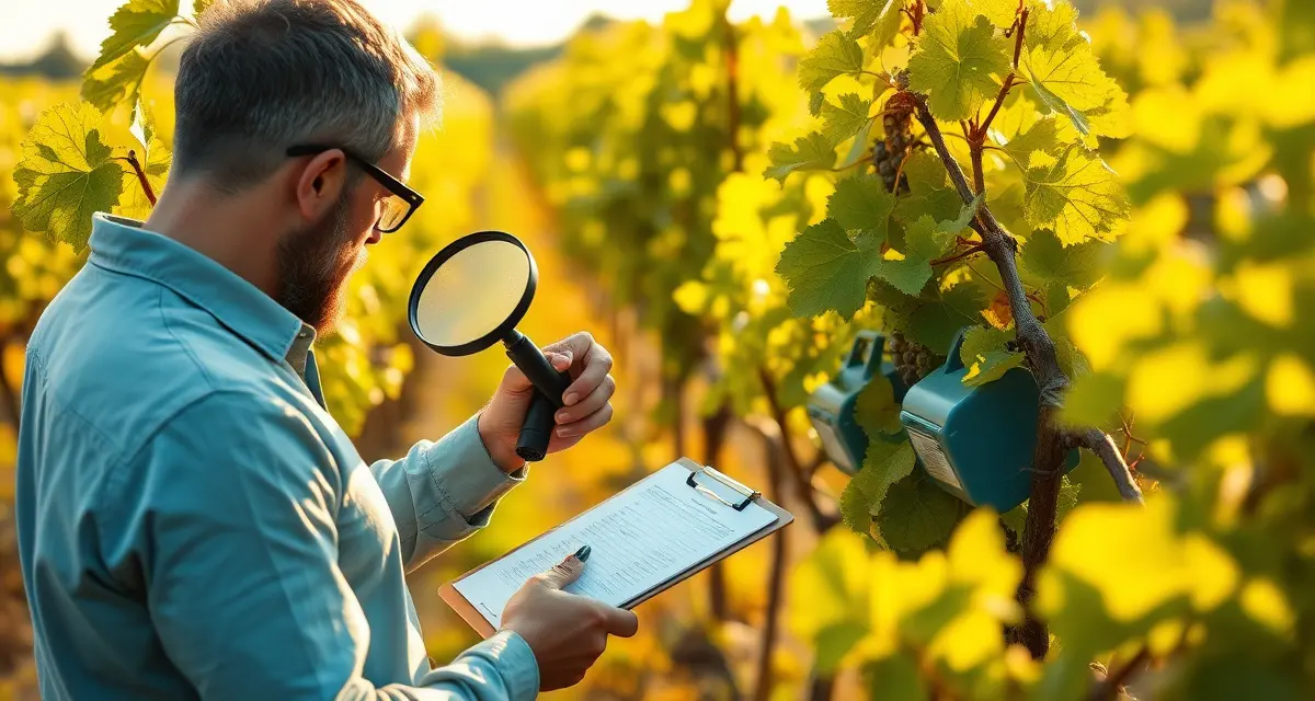 Economic threshold decision-making in integrated pest management Vineyard manager conducting IPM threshold-based pest monitoring with data collection clipboard and monitoring equipment among grapevines.