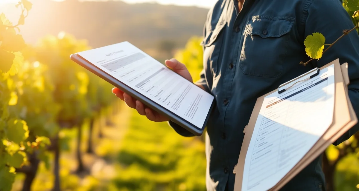 DPR Vineyard Spray Record Audit Inspection Vineyard inspector reviewing spray logs and DPR audit compliance documentation among grapevines during inspection