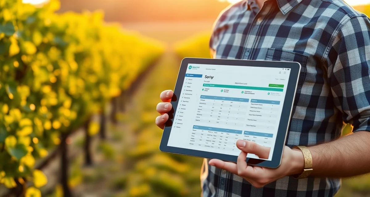 Digital spray log management for vineyard compliance Vineyard manager reviewing spray log records on digital tablet in vineyard with compliance tracking software interface visible